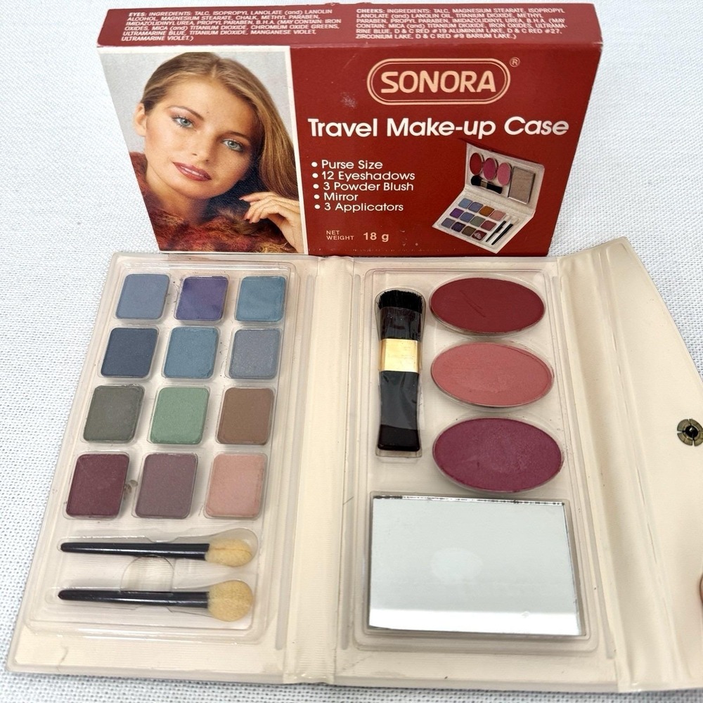 VTG Sonora Brand Makeup Palette Travel Compact 12 Soft Shadows 3 Blush 80's New - Picture 9 of 16
